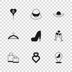 Canvas Print - Set Heart, Glass of champagne, Woman shoe, Elegant women hat, Balloons with 8 March, Handbag and Hanger wardrobe icon. Vector