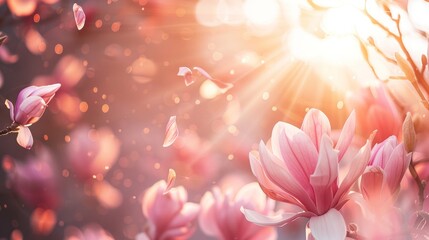 Canvas Print - Pink Magnolia Blossoms in a Sunlit Garden