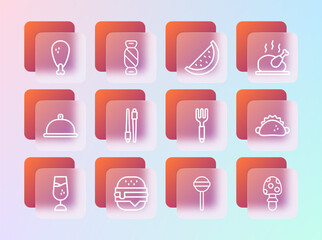 Poster - Set line Roasted turkey or chicken, Burger, Fork, Lollipop, Food chopsticks, Watermelon, Chicken leg and Candy icon. Vector