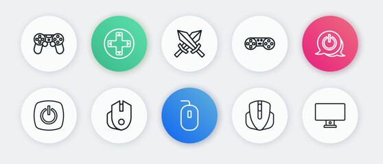 Canvas Print - Set line Computer mouse, Power button, Game controller or joystick, Sword for game, monitor and icon. Vector