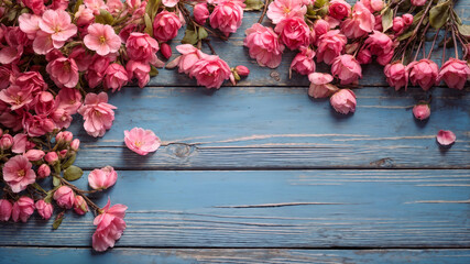 Wall Mural - Top view image of pink flowers composition over wooden blue background .Flat lay