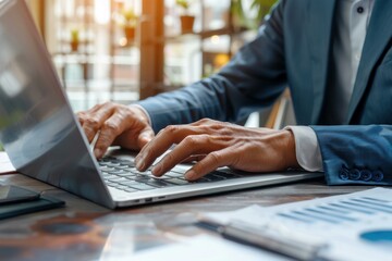 Poster - Businessman is analyzing financial data on a laptop, developing a business project