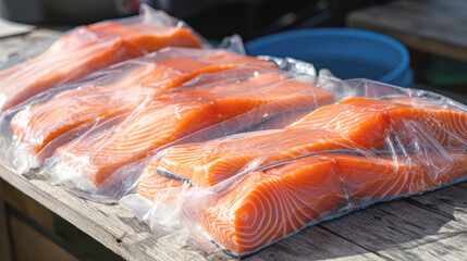 Poster - Several vacuum-sealed packs of fresh salmon fillets arranged on a wooden surface, showing the orange color and marbling patterns.