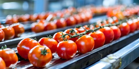 Wall Mural - Packaging fresh tomatoes in an automated food factory conveyor system for distribution. Concept Food Processing, Automation Technology, Fresh Produce, Distribution Logistics, Conveyor System