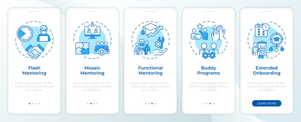 Wall Mural - Types of mentor support blue onboarding mobile app screen. Walkthrough 5 steps editable graphic instructions with linear concepts. UI, UX, GUI template. Montserrat SemiBold, Regular fonts used