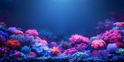 Canvas Print - Glowing Coral Reef at Night with Vivid Neon like Sea Life in Magical Ethereal Underwater Landscape