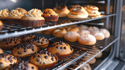 Sticker - A variety of freshly baked pastries and muffins with chocolate chips and icing on baking racks in an oven.