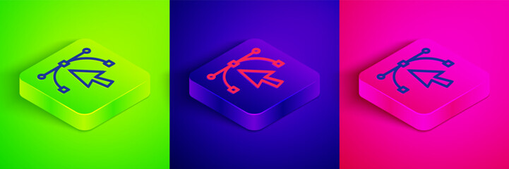 Wall Mural - Isometric line Bezier curve icon isolated on green, blue and pink background. Pen tool icon. Square button. Vector