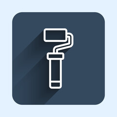 Poster - White line Paint roller brush icon isolated with long shadow background. Blue square button. Vector