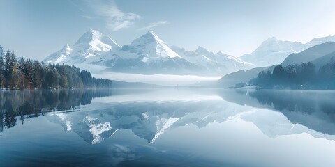 Sticker - Serene Mountain Lake Reflecting Snowy Peaks in Cool Tones of Natural Landscape Serenity