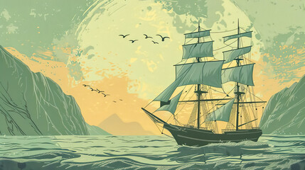  Large sailing ship navigating calm waters at sunset near mountains