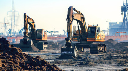 Excavators operating at a large construction site with industrial structures in the background, actively digging and moving soil.