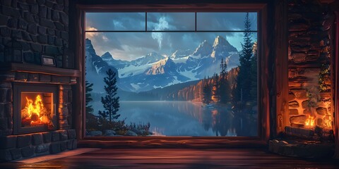 Wall Mural - Cozy Mountain Cabin with Roaring Fireplace and Scenic Nature Views