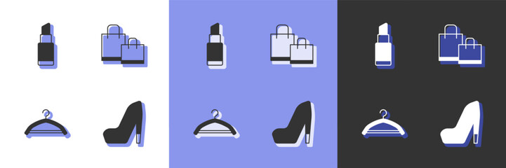 Sticker - Set Woman shoe, Lipstick, Hanger wardrobe and Paper shopping bag icon. Vector