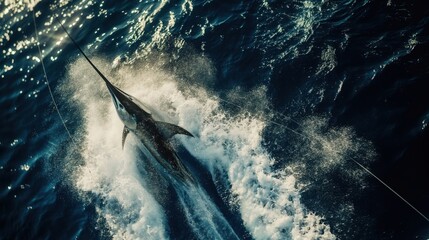 Sticker - Marlin fish being caught on a fishing line thrashing through the surface of the ocean, surrounded by splashing water.