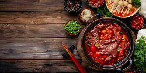 Wall Mural - Traditional Chinese Cuisine Sichuan Hot Pot on Wooden Table Top View. Concept Traditional Chinese Cuisine, Sichuan Hot Pot, Wooden Table, Top View, Food Photography