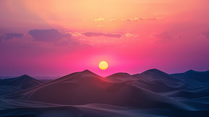 Wall Mural - A sunset over a desert landscape with mountains in the background