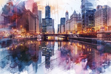 Poster - A digital painting showcasing a bustling city skyline illuminated by colorful lights against a dark night sky, Create a digital watercolor painting of the cityscape reflecting on the Chicago River