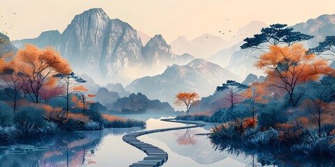 Canvas Print - Majestic Mountain Trail with Autumn River Crossing Reflecting Ethereal Nature Scenery