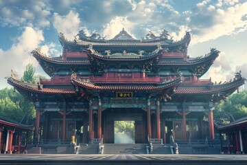 Wall Mural - A traditional Chinese building stands tall against a clear sky backdrop, Create a fusion of traditional Chinese architecture with futuristic elements