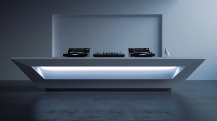 Aufkleber - A white, modern DJ booth with a sleek, angular countertop and built-in lighting.