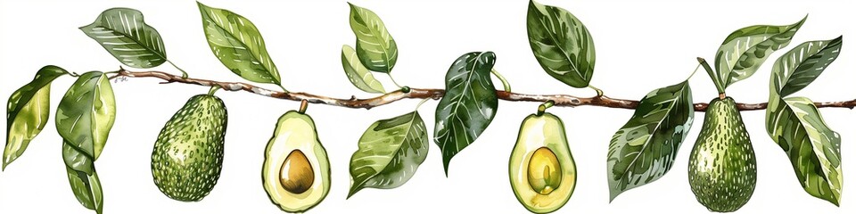 Poster - Watercolor clipart of an avocado branch with leaves and avocados on a white background