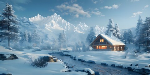 Canvas Print - Cozy Snow Covered Mountain Cabin in Serene Winter Landscape with Copy Space