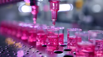 Pink Liquid Dispensing Into Test Tubes in a Laboratory Setting