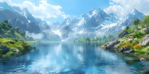 Canvas Print - Breathtaking Alpine Mountain Range with a Serene Blue Lake Reflecting the Stunning Scenery