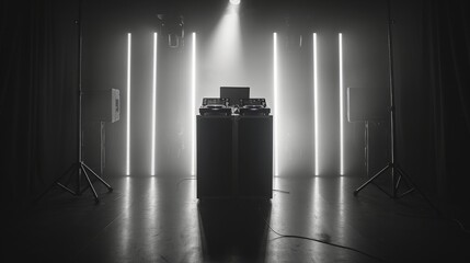 Poster - A DJ setup is illuminated with neon lights in a dark studio. The space is set with speakers on stands at either end.
