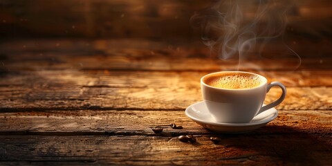 Poster - Steaming Cup of Cozy Coffee on a Rustic Wooden Table with Warm Tones