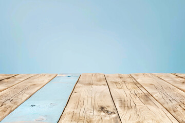 Poster - Wooden table top with a pastel blue background for a product display presentation concept, an empty and clean wood board on a color wall minimalism background 