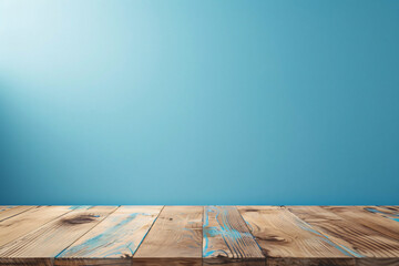 Poster - Wooden table top with a pastel blue background for product display presentation in a minimal concept design, with a flare light background, in the style of +