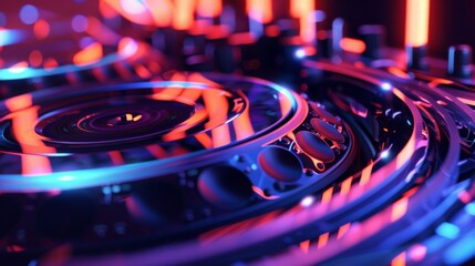 Poster - A close-up shot of a circular metal machine with red and blue lights illuminating it. The machine appears to be made of multiple interconnected rings.