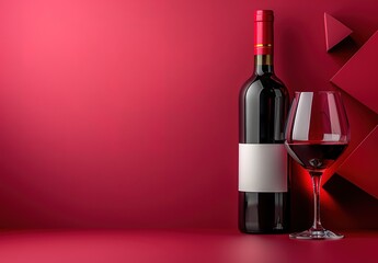 A bottle of red wine and a wine glass are on a red background