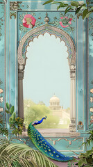 Poster - Mughal garden with peacock, bird, arch illustration for invitation