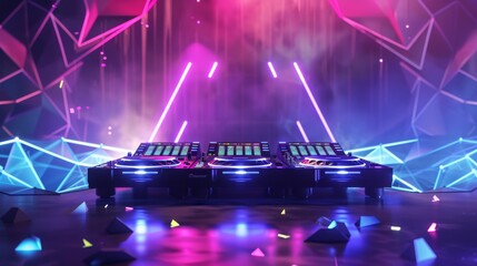 Poster - A DJ mixer sits in a futuristic setting, illuminated by vibrant neon lights. Geometric shapes and patterns are reflected on the floor.