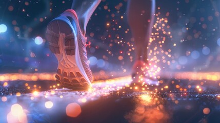 Poster - A running man's foot. Abstract geometric background. Wireframe light connection structure. Modern 3D design concept. Isolated illustration. Low polygonal style. Abstract geometric background.