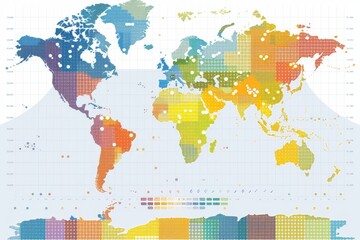 Poster - A map of the world with distinct colors representing different temperature ranges in various regions, Create a heat map showing geographical distribution of customer demographics
