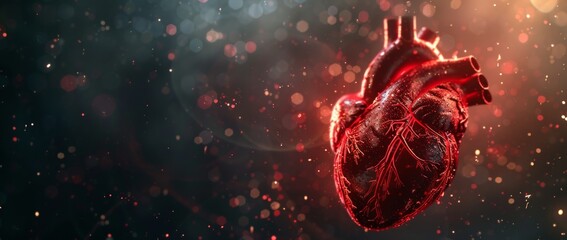 Poster - Low poly model of a red blood vessel and a blue medical capsule with falling particles. Modern 3D graphic in a geometric background.