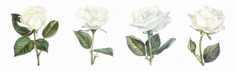 Wall Mural - Clipart set of watercolor white roses on transparent backgrounds