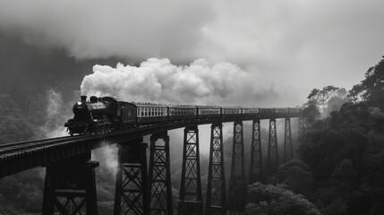 Sticker - Monochrome image of a steam train crossing a high bridge through dense fog and forested hills