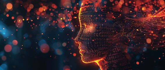 Poster - As seen in this isometric illustration, stock is applied to the face of a humanoid head analyzing big data.
