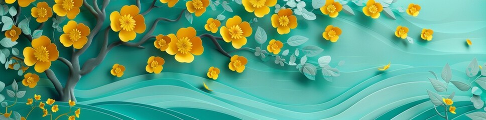 Poster - With its intricate leaves forming a vivid 3D pattern, the turquoise tree stands out against the sunflower yellow wall.