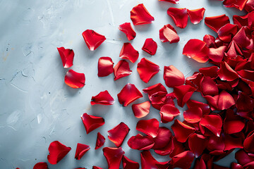 Wall Mural - Valentine's Day background with red rose petals on a white table top in a view, flat lay, space for text stock photo contest winner, high resolution