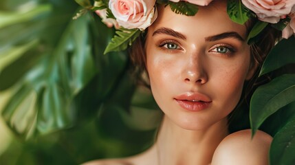 Beauty, flowers and woman with a crown in studio for skincare, cleaning and wellness with product from nature. Portrait, rose and girl model relax, pamper and cosmetic treatment, jungle and aesthetic 