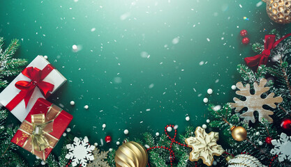 Poster - Christmas decorations concept. Frame of gifts, snowflakes, trinkets and fir branches on a green background. Greeting card mockup, New Year banner template.