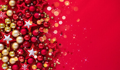 Poster - Beautiful red Christmas sparkling background with many golden red balls and stars.