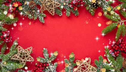 Poster - Beautiful colorful Red Christmas background with a frame of gold stars and green fir branches. Christmas greeting card template, Happy New Year banner layout.