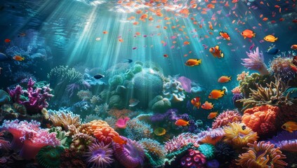 Wall Mural - Species of diving below beneath underwater life marine sea fish blue ocean scuba undersea sun tropic reef barrier coral tropical aquatic life deep undersea exotic tropic reef coral